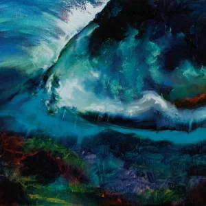 Œuvre originale « Au-delà des vagues » (Série MARES), peinture à l'huile de Nathalie Vazquez représentant l'énergie de l'océan, source du Tirage d'Art Digigraphie®.