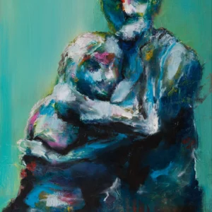 Peinture à l'huile sensualiste "Le murmure des peaux" par Nathalie Vazquez. Portrait expressif et intime de deux visages enlacés dans des nuances de bleu, turquoise et rehauts de jaune et rose. Texture riche sur toile de lin. Photo par Christophe Ruiz.