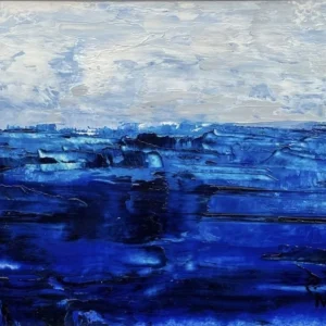 Peinture originale unique « Chant de la Mer » (1/1) à l'huile sur papier texturée. Paysage marin abstrait bleu intense avec application de matière.