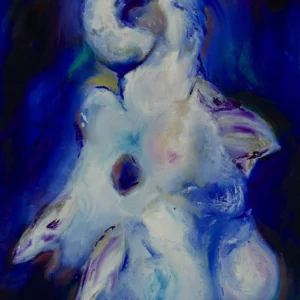 Œuvre originale « Pleine Lune » (Série MARES), peinture à l'huile de Nathalie Vazquez inspirée de Fakarava, scène de reproduction sous-marine.