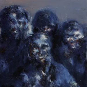 Peinture à l'huile sensualiste "Ederlezi" de Nathalie Vazquez. Portrait de groupe expressif dans des nuances de bleu et rehauts rouges, représentant une lignée familiale gitane. Visages émergents d'un fond texturé, 80x60cm. Photo par Christophe Ruiz.